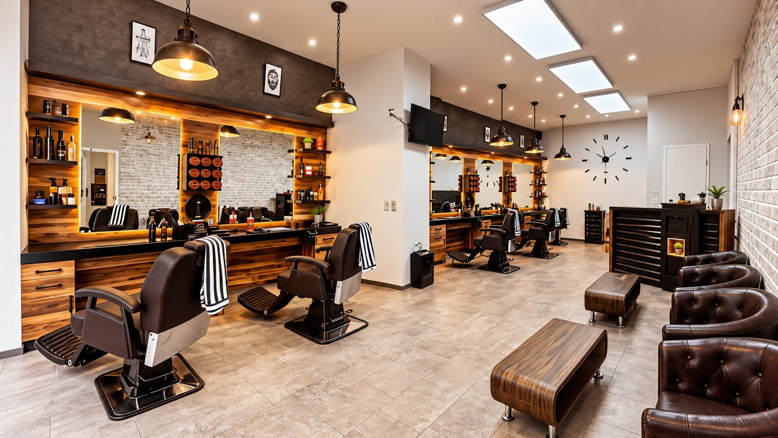 Innenraum von Leon's Barber Club mit Ledersesseln und Holz-Spiegelstationen